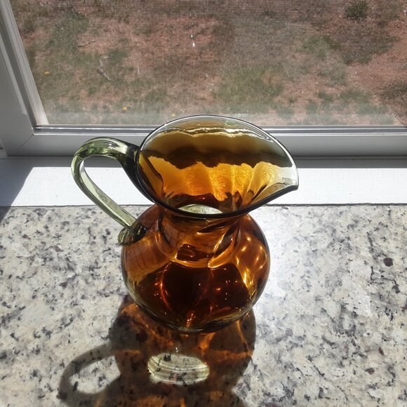 1960's Bischoff Kingston Pitcher Hand Blown Art Glass Green Amber Wayne Husted - Picture 8 of 9